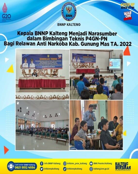 Kepala BNNP Kalteng Menjadi Narasumber Dalam Bimbingan Teknis P4GN-PN Bagi Relawan Anti Narkoba Kabupaten Gunung Mas Ta. 2022 Kepala BNNP Kalteng Menjadi Narasumber Dalam Bimbingan Teknis P4GN-PN Bagi Relawan Anti Narkoba Kabupaten Gunung Mas Ta. 2022