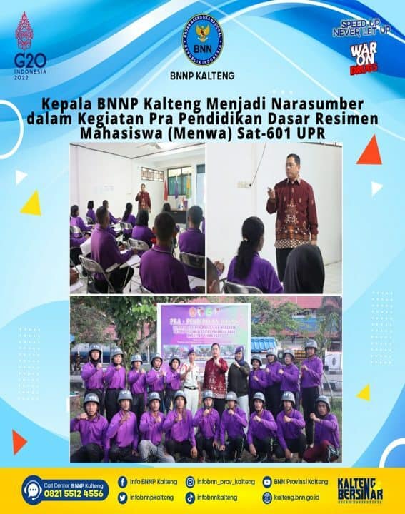 Kepala BNNP Kalteng Menjadi Narasumber Dalam Kegiatan Pra Pendidikan Dasar Resimen Mahasiswa (Menwa) Sat-601 UPR Kepala BNNP Kalteng Menjadi Narasumber Dalam Kegiatan Pra Pendidikan Dasar Resimen Mahasiswa (Menwa) Sat-601 UPR