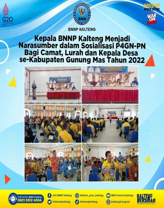 Kegiatan Kepala BNNP Kalteng Menjadi Narasumber Dalam Sosialisasi P4GN-PN Bagi Camat, Lurah Dan Kepala Desa Se-kabupaten Gunung Mas Tahun 2022 Kegiatan Kepala BNNP Kalteng Menjadi Narasumber Dalam Sosialisasi P4GN-PN Bagi Camat, Lurah Dan Kepala Desa Se-kabupaten Gunung Mas Tahun 2022
