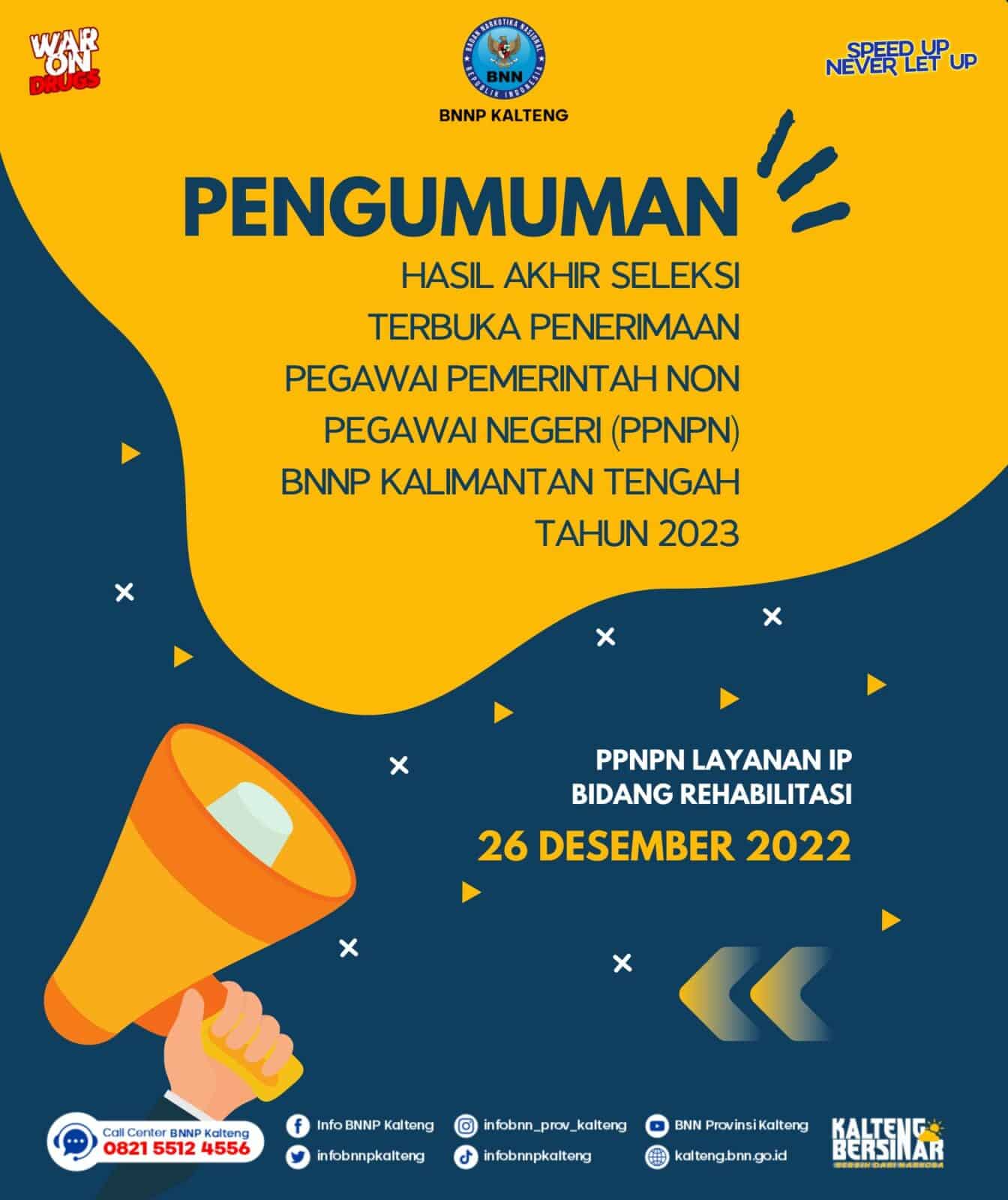 Hasil Akhir Seleksi Formasi Pegawai Pemerintah Non Pegawai Negeri (PPNPN) di BNNP Kalimantan Tengah Tanggal 26 Desember 2022